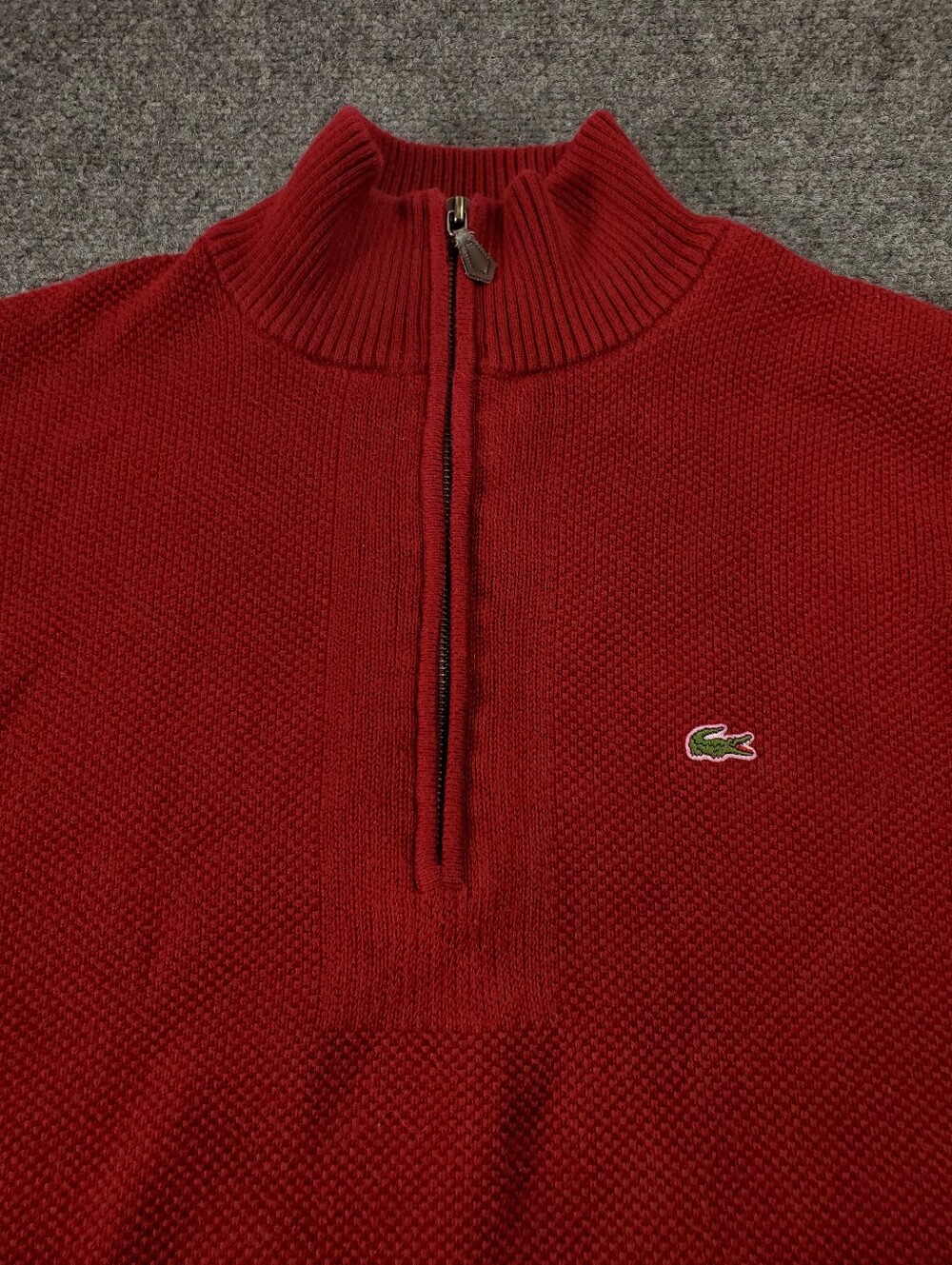 Lacoste Quarter Zip Sweater Medium 4 Textured Cotton Knit Moc Neck Red Pullover - Picture 6 of 10